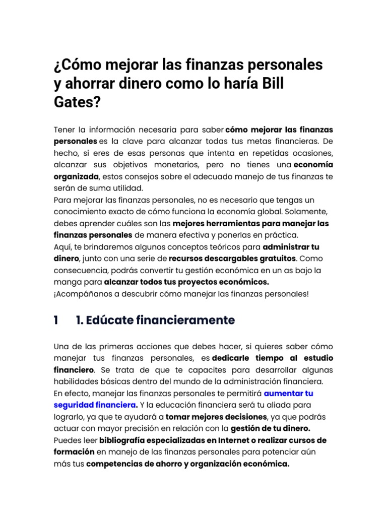Cómo Mejorar Las Finanzas Personales y Ahorrar Dinero Como Lo Haría ...