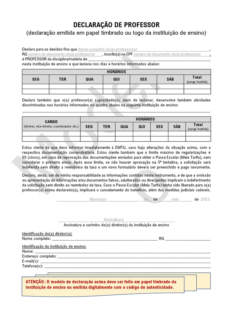 Declaração de Professor para Passe Escolar | PDF