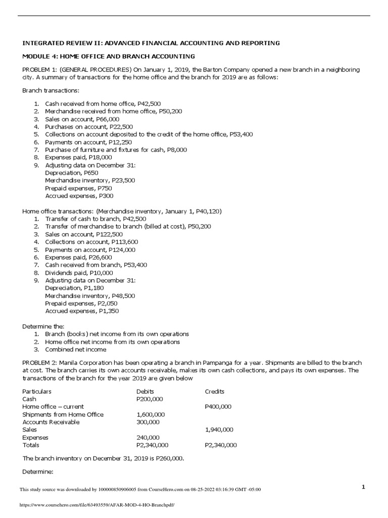 AFAR MOD 4 HO Branch PDF | PDF | Debits And Credits | Expense