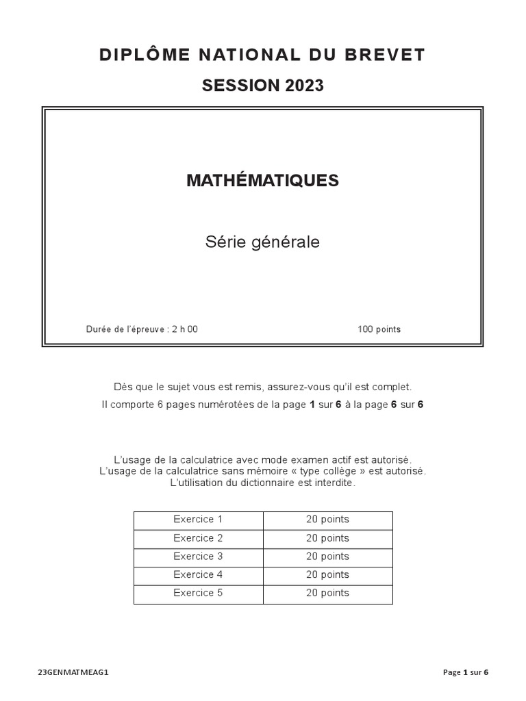 Sujet Brevet Maths 2023 avec Corrigé | PDF | Méthodes et références ...