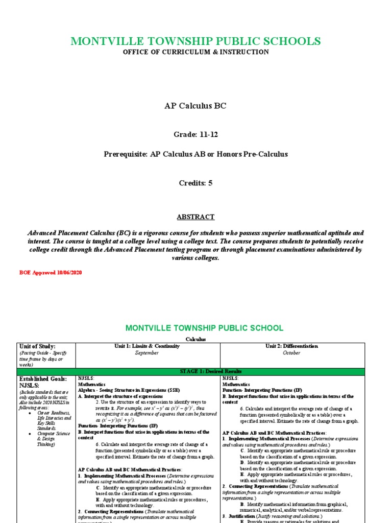 Ap Calculus BC Curriculum 2020 PDF Trigonometric Functions