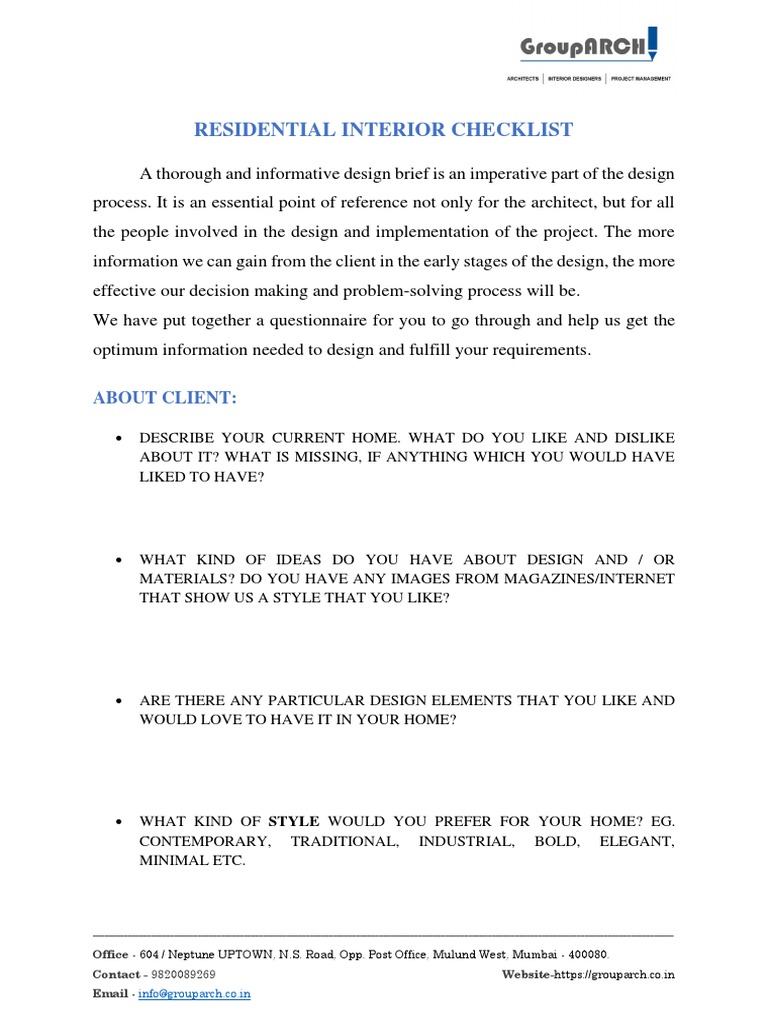 Residential Interior Design Questionnaire | PDF | Design