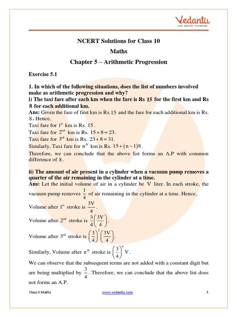 NCERT Solutions For Class 10 Maths Chapter 5 Arithmetic Progression (Ex ...