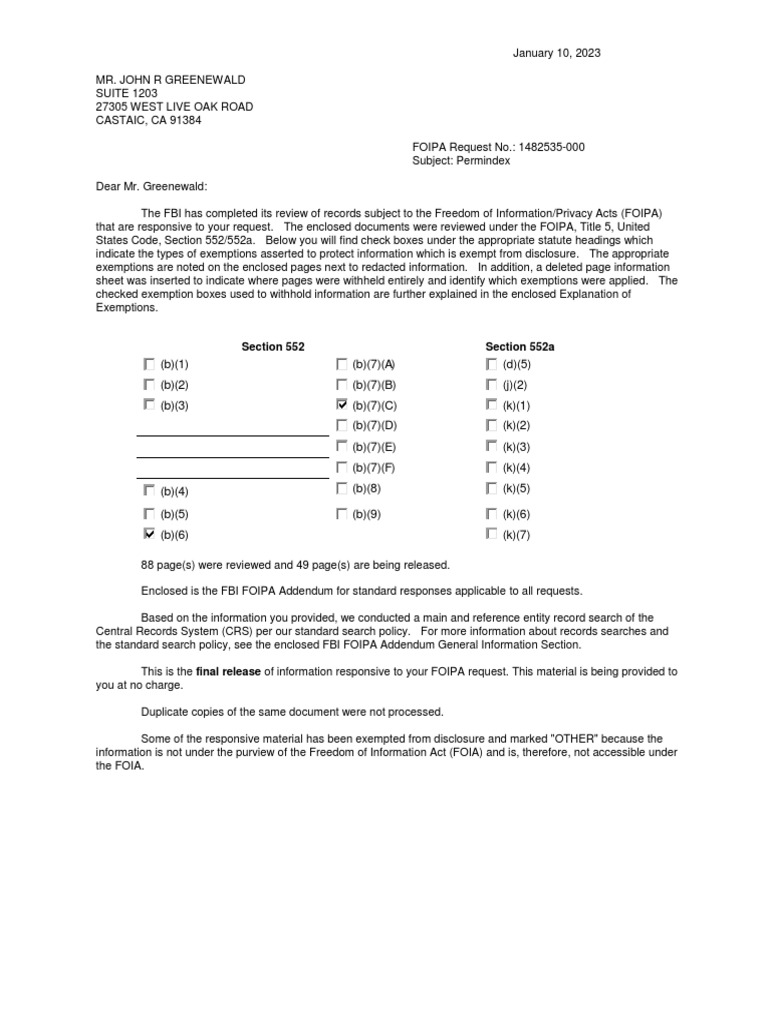 FBI FOIA Response on Permindex | PDF | Freedom Of Information Act ...