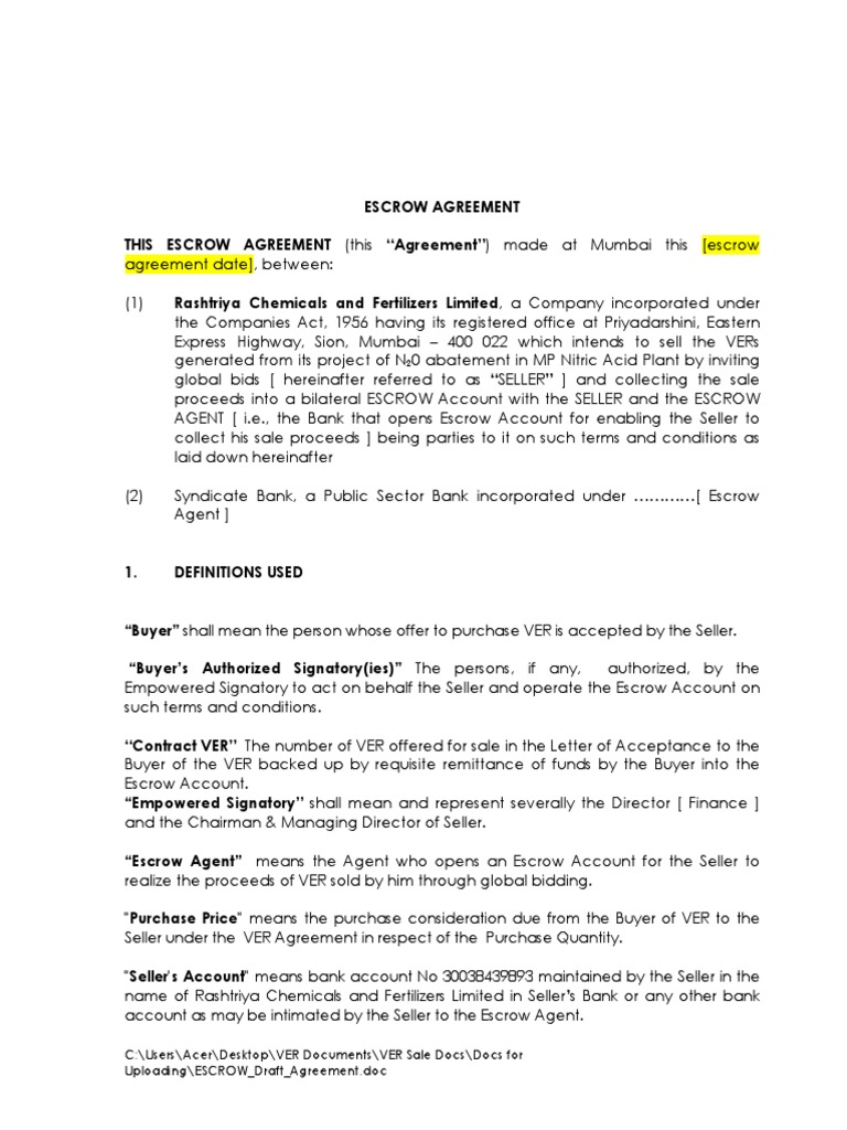 Escrow Agreement for VER Sale | PDF | Legal Liability | Sales