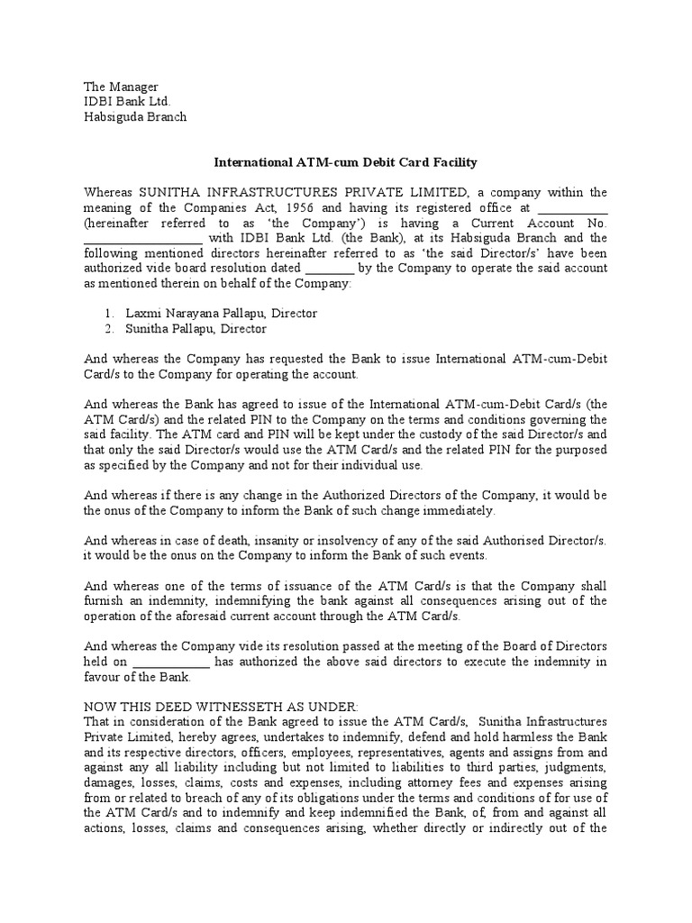 IDBI ATM Card Indemnity Bond PDF Indemnity Service Industries