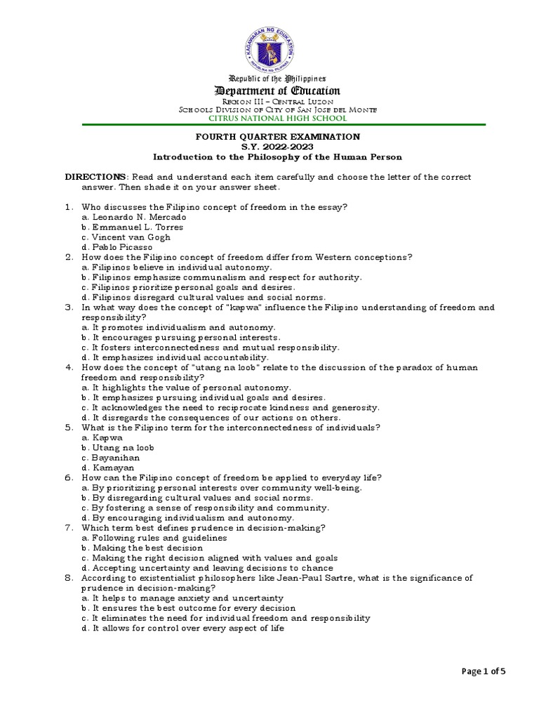 Philo Exam 4th Quarter 2023 | PDF | Free Will | Authenticity (Philosophy)