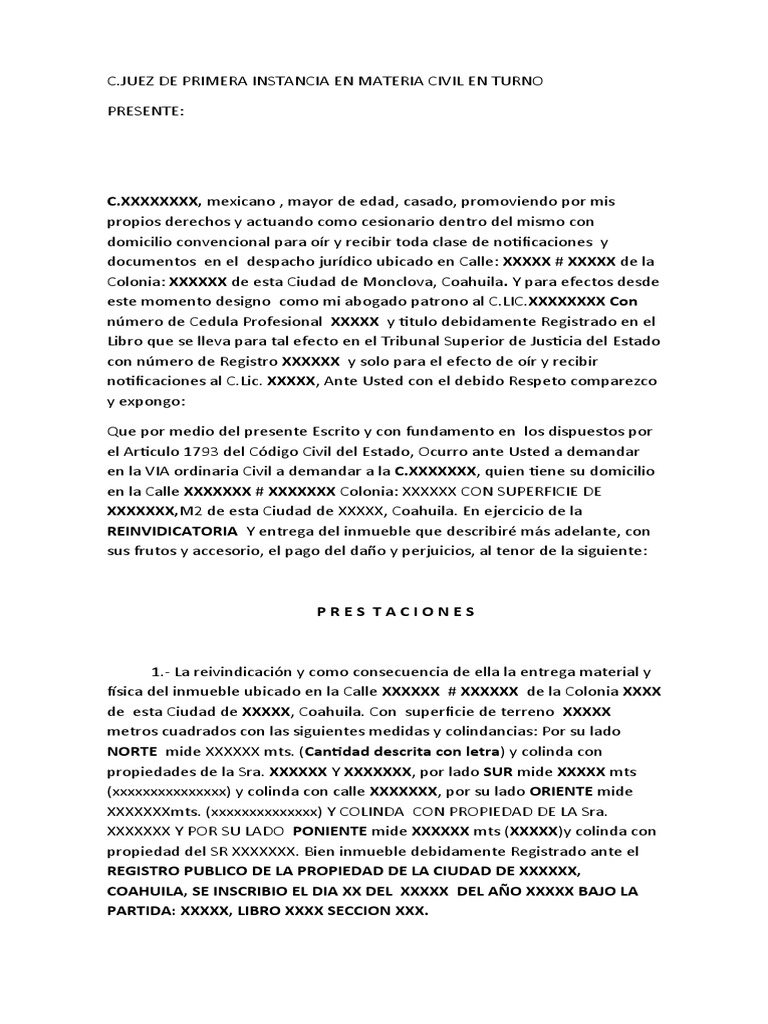 Demanda de Reivindicación de Inmueble | PDF | Propiedad | Posesión (Ley)