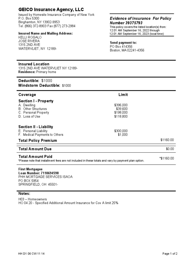 Evidence of Homeowners Insurance Policy | PDF | Insurance | Deductible