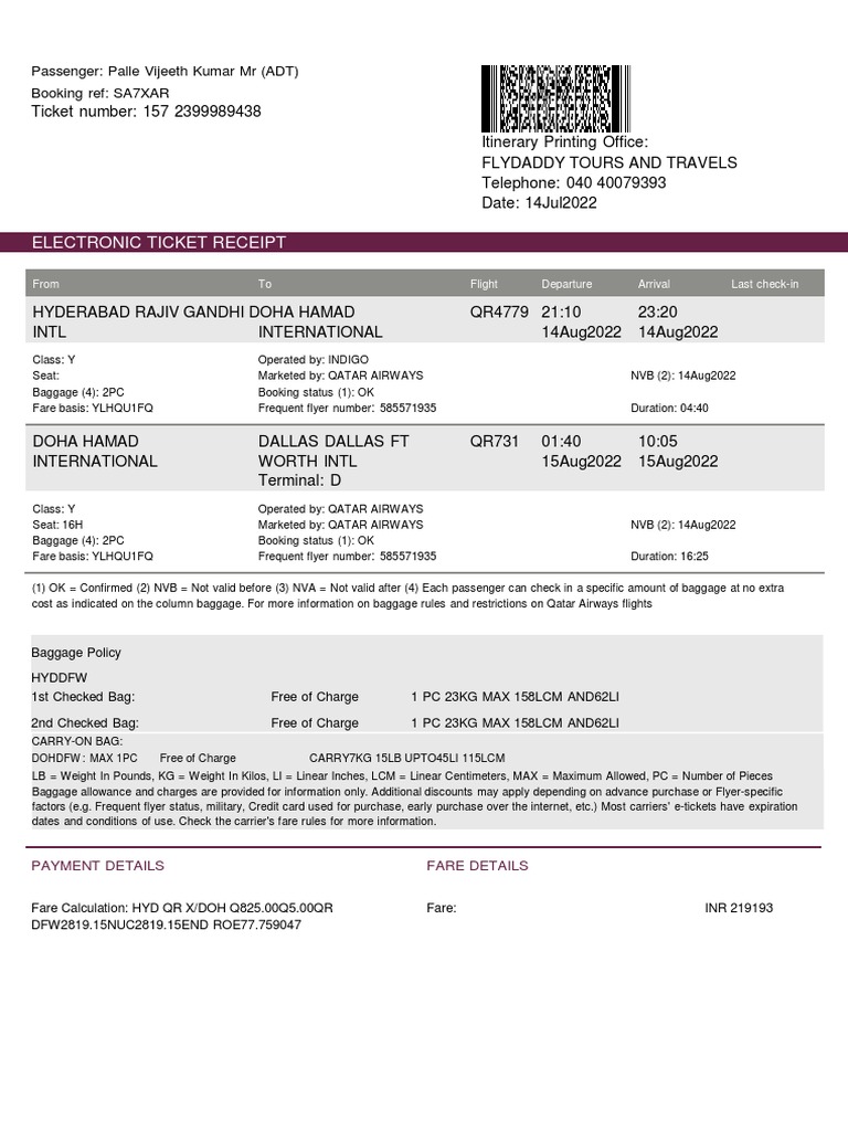 Electronic ticket receipt passenger palle vijeeth kumar mr adt
