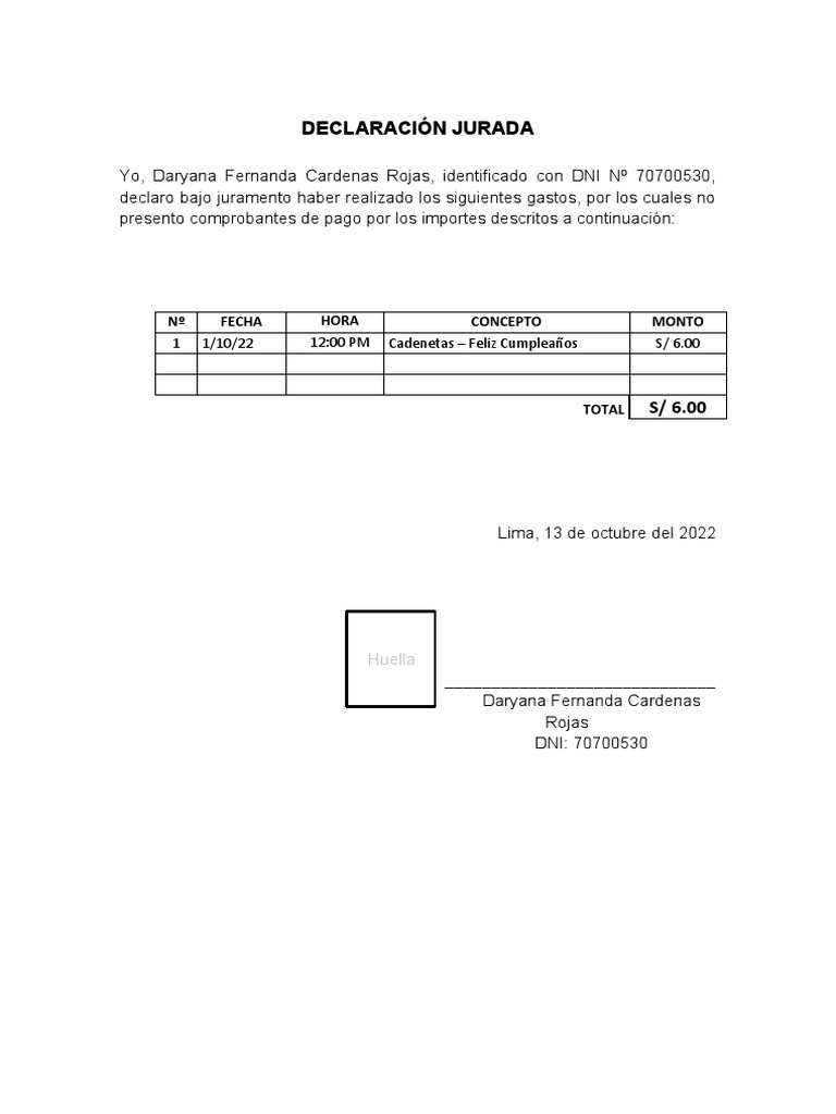 Declaración Jurada de Gastos Personales | PDF