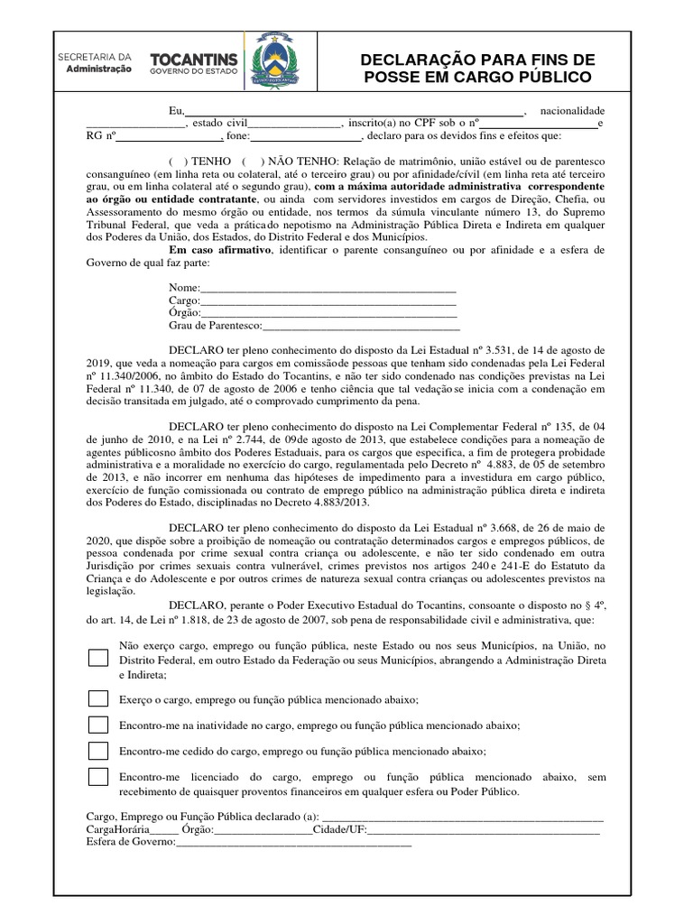 Declaracao Para Fins De Posse Em Cargos Pub Atual Pdf