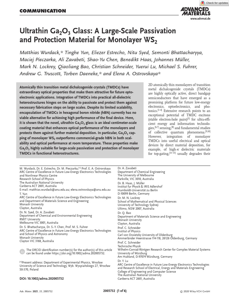 Advanced Materials - 2020 - Wurdack - Ultrathin Ga2O3 Glass A Large ...