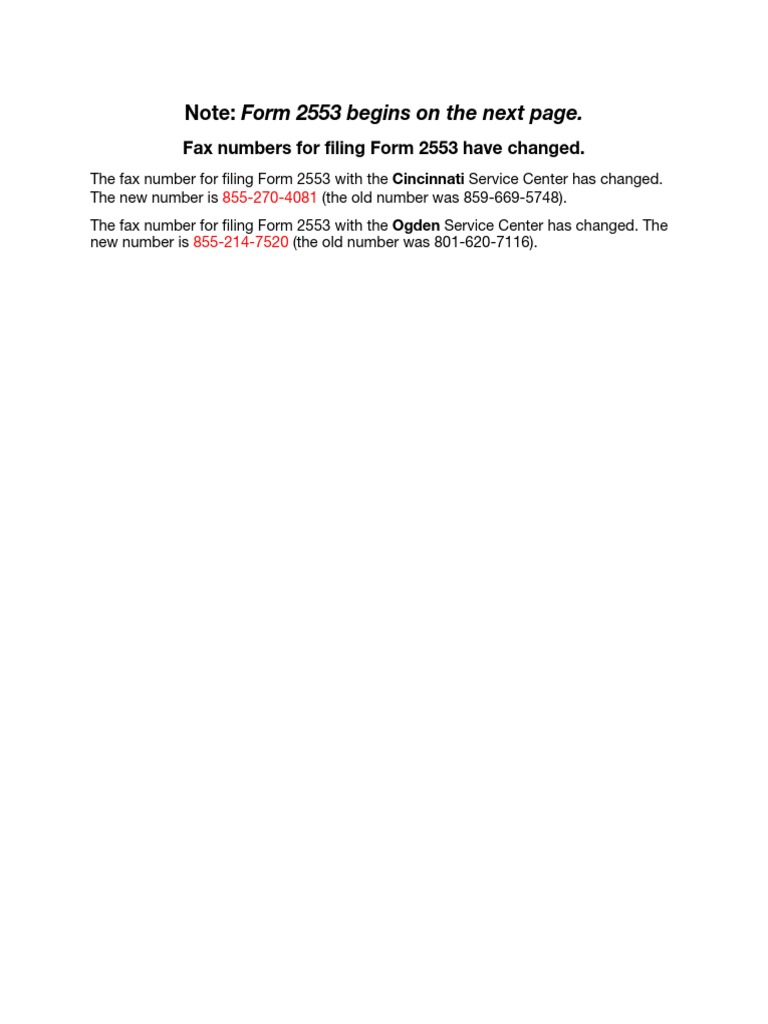Updated Fax Numbers for Form 2553 | PDF | Irs Tax Forms | S Corporation