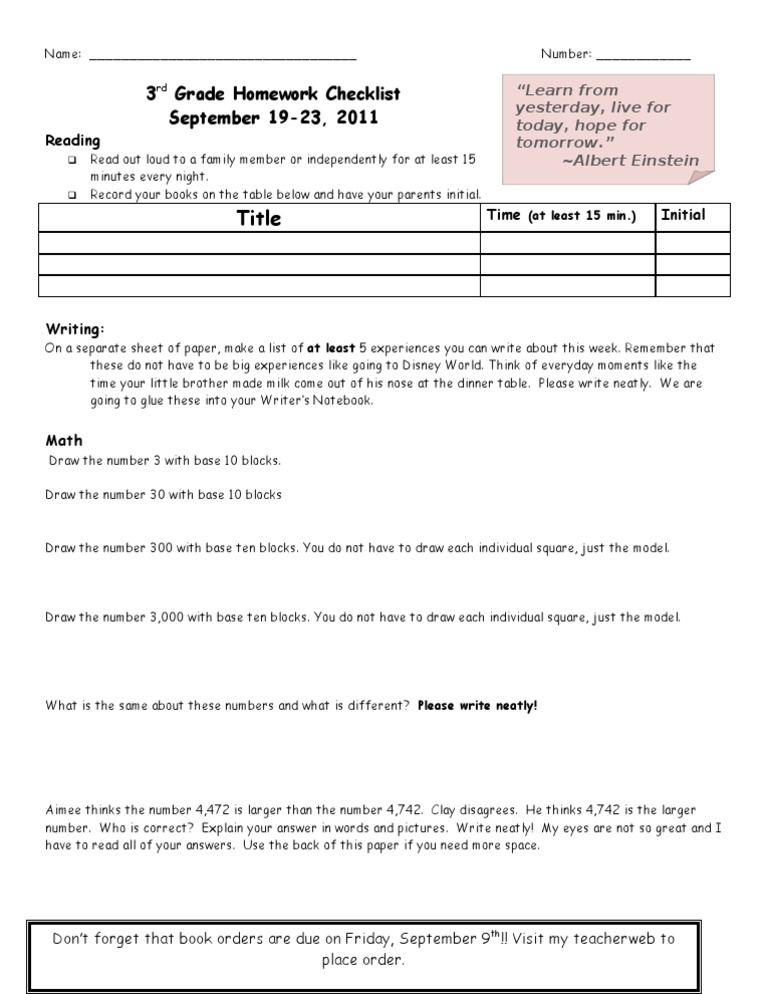 3rd Grade Homework Checklist: Sept 2011 | PDF