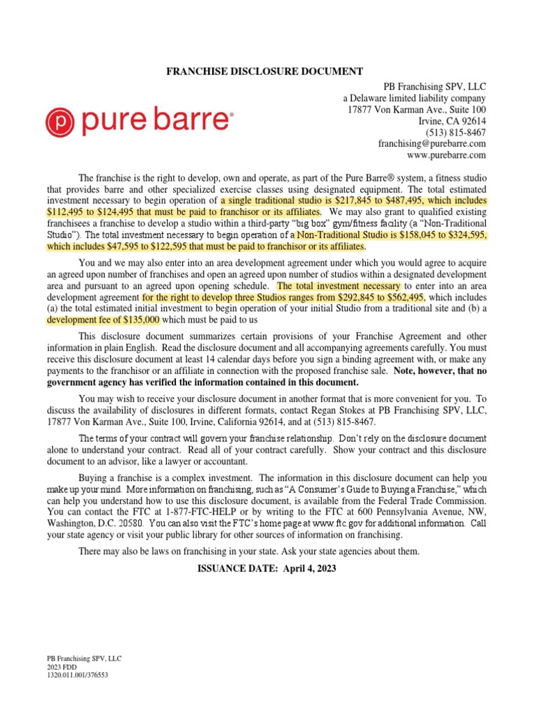 Pure Barre - 2023-04-04 - Franchise Disclosure Document, PDF, Franchising