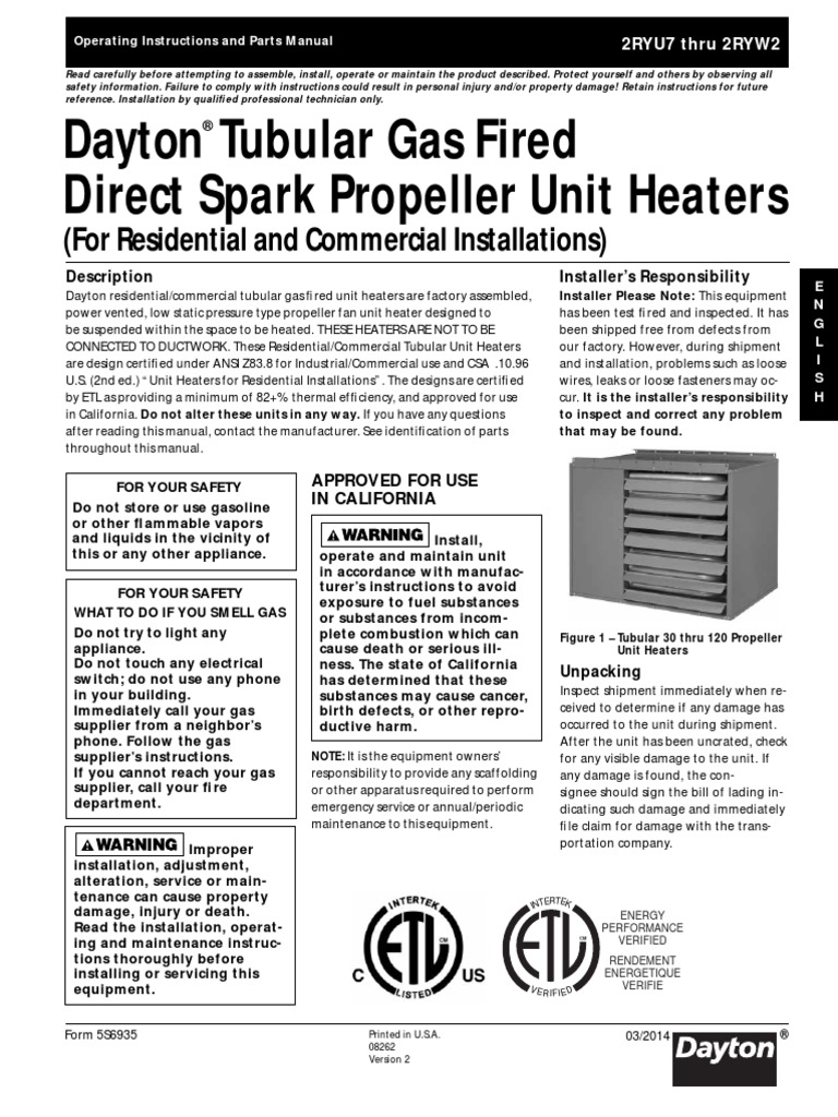 Dayton 2RYU7 2RYW2 TUBULAR GAS HEATER | PDF | Valve | Pipe (Fluid ...