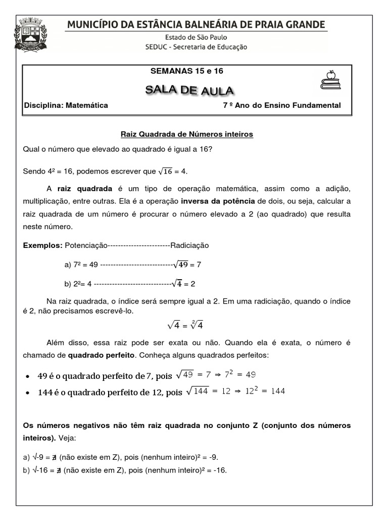 Exercícios de Raiz Quadrada 7º Ano | PDF | Raiz quadrada | Números