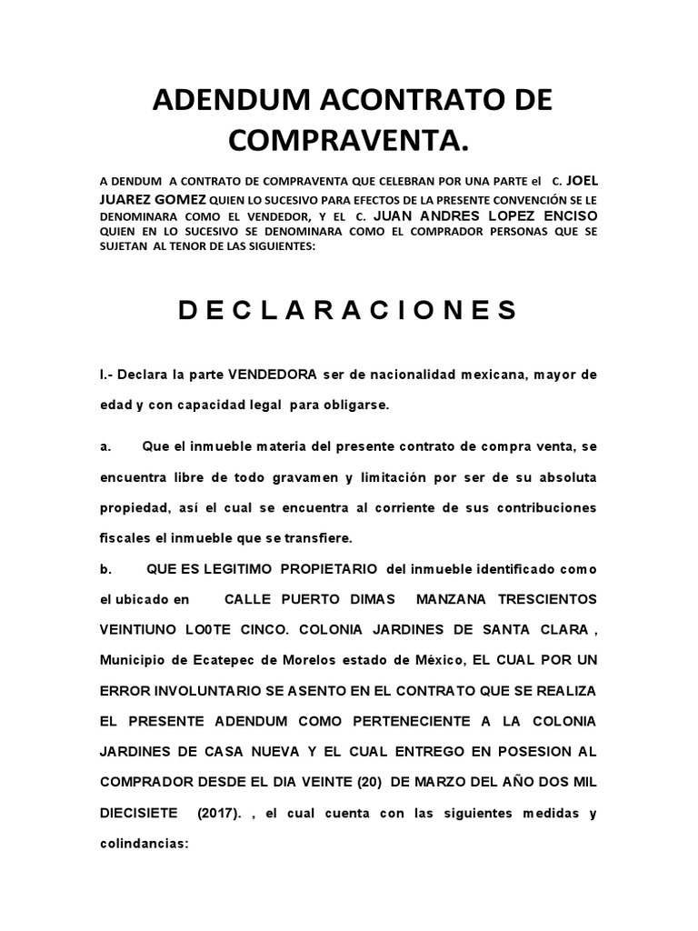 Adendum Acontrato de Compraventa PDF Derecho civil (sistema legal