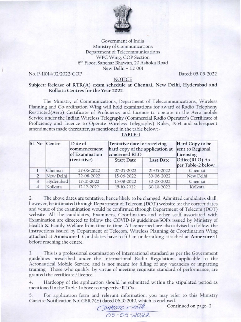 Release of RTR Exam Schedule at Chennai, New Delhi, Hyderabad and