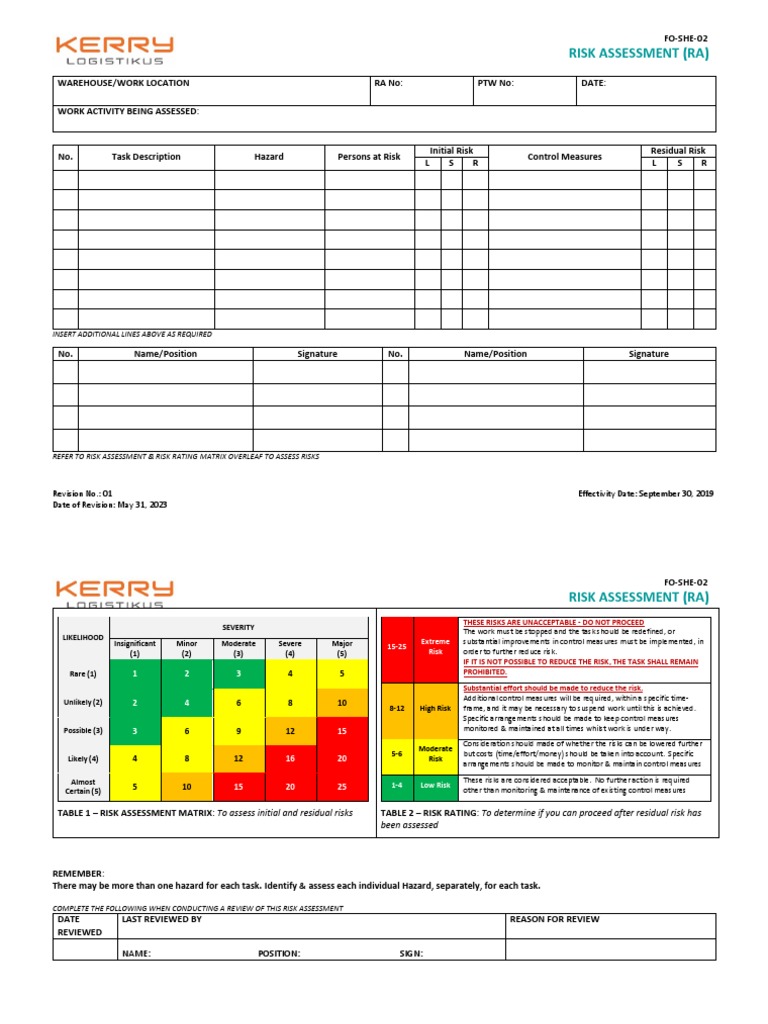 FO-SHE-02 Risk Assessment Form | PDF | Risk | Risk Assessment