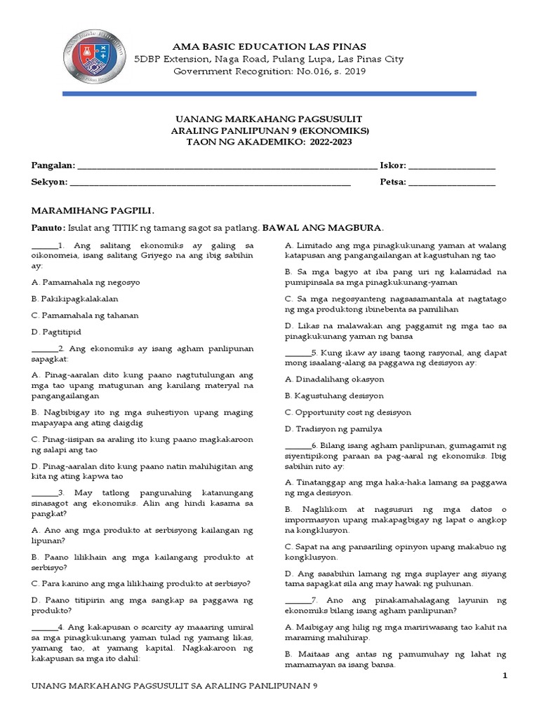 1st Quarterly Examination in AP 9 | PDF