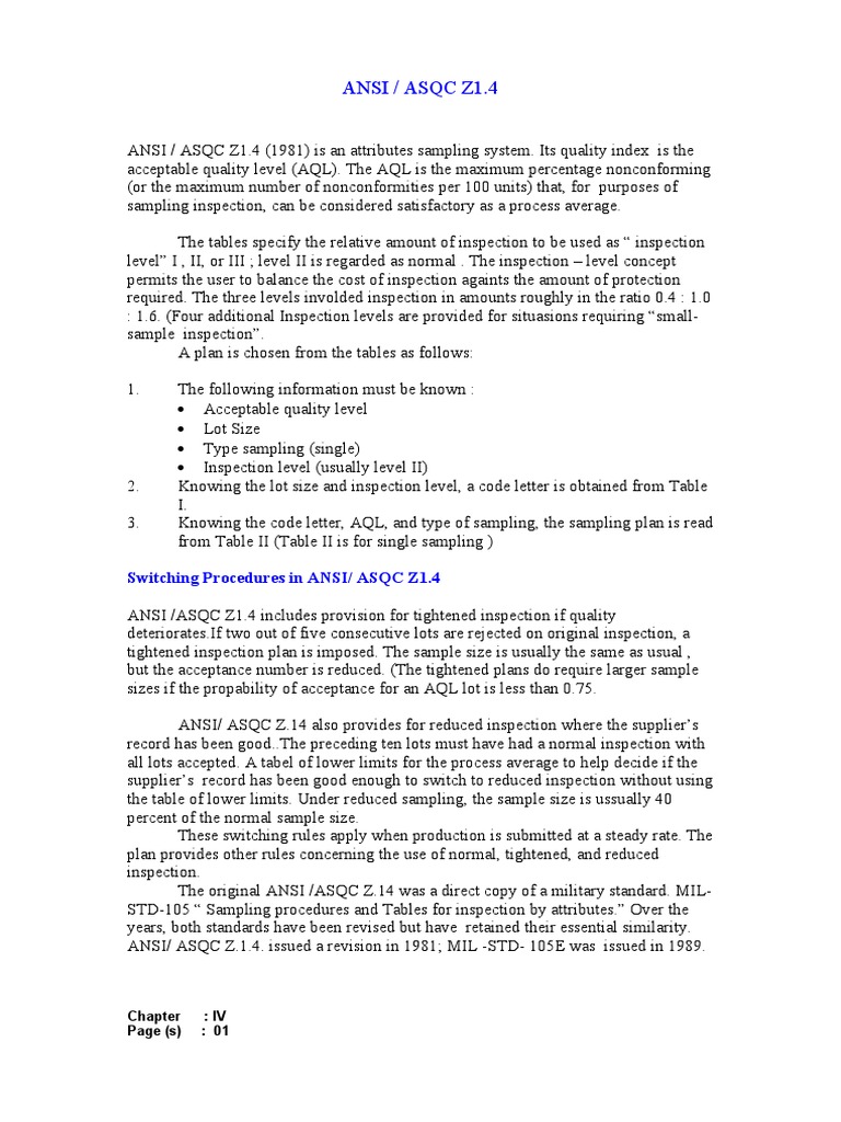 ANSI/ASQC Z1.4 Sampling Standards | PDF | Science & Mathematics ...