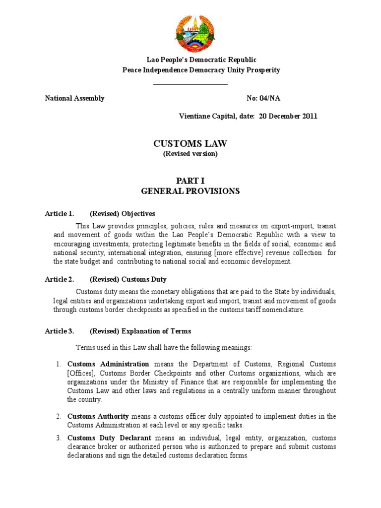 Lao Customs Law (2012-final) | PDF | Customs | Tariff