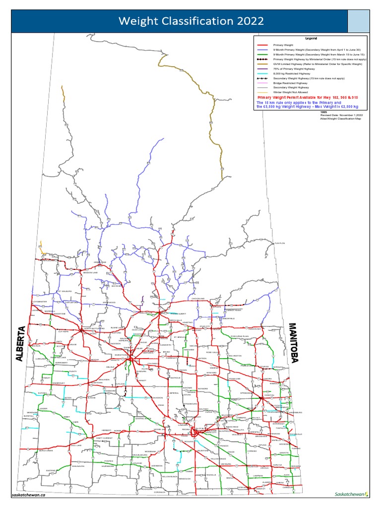 Saskatchewan Highway Weight Class Map 2022 Download Free PDF Mass