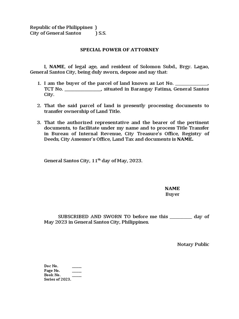 Special Power of Attorney Transfer of Title | PDF