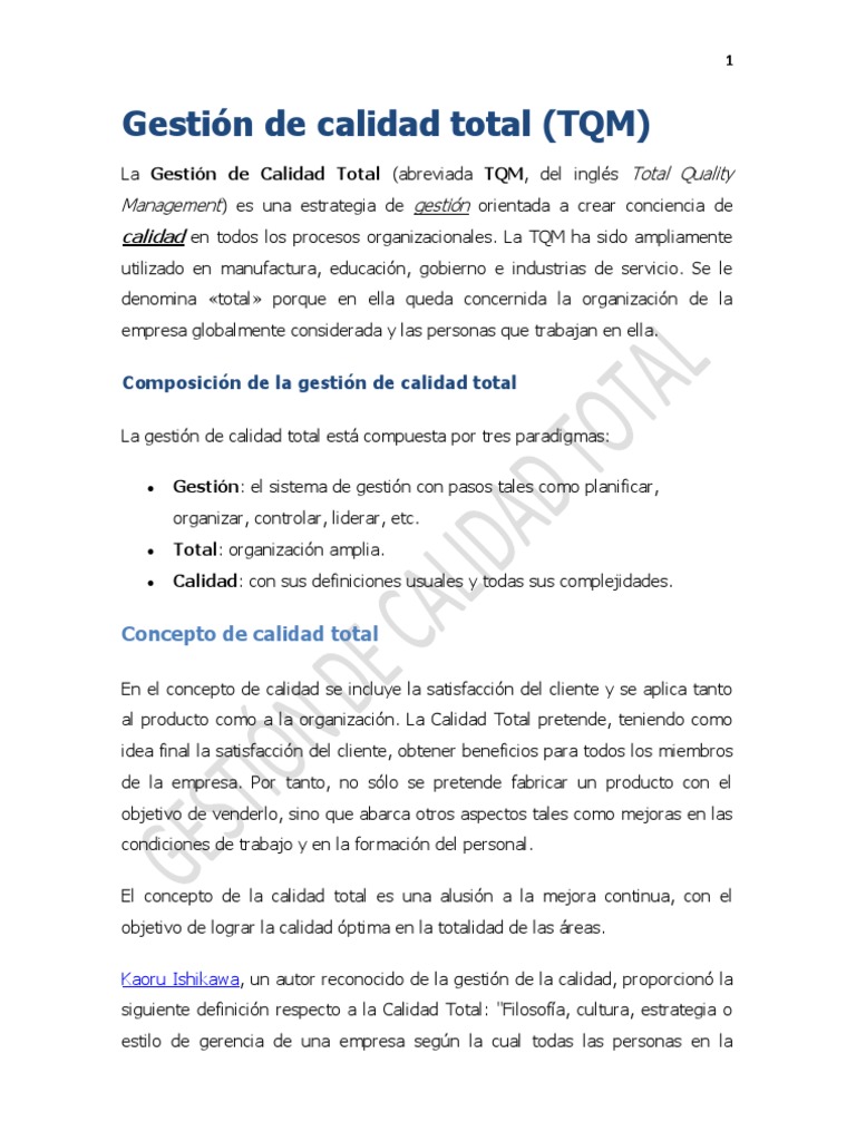 Gestion de Calidad Total Tqm Calidad Producción y fabricación