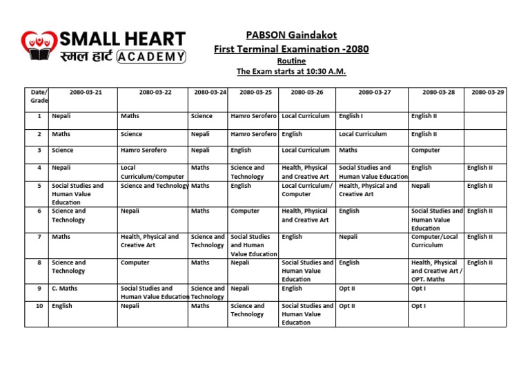 Class 1-10 Exam Routine 2080 | PDF | Curriculum | Science