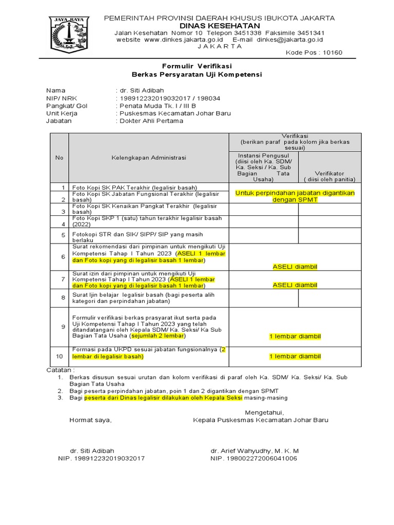 Diba Form Check List Verifikasi Berkas Administrasi Baru | PDF
