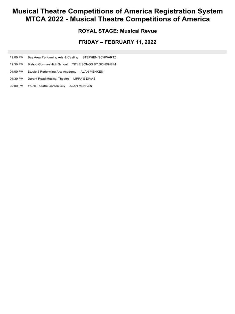 MTCA Festival Groups Schedule Download Free PDF Musical Theatre 