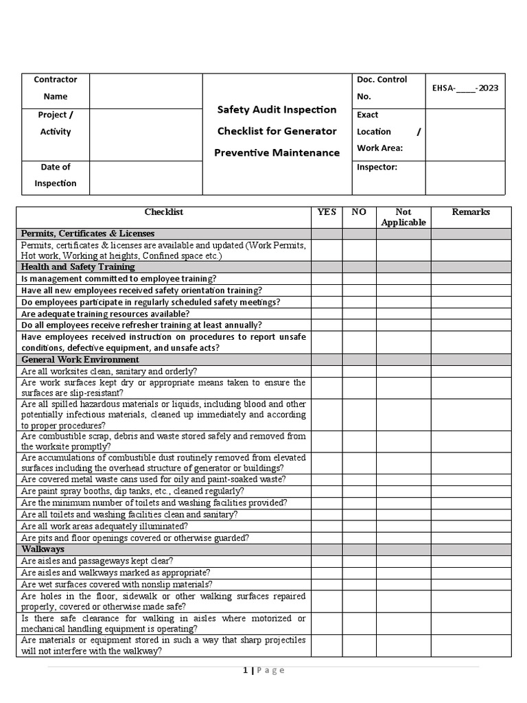 MHI - Safety Audit Inspection Checklist | PDF | Personal Protective ...