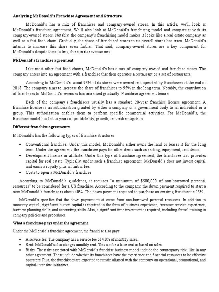 MCDONALDS FRANCHISE AGREEMENT | PDF | Franchising | Mc Donald's