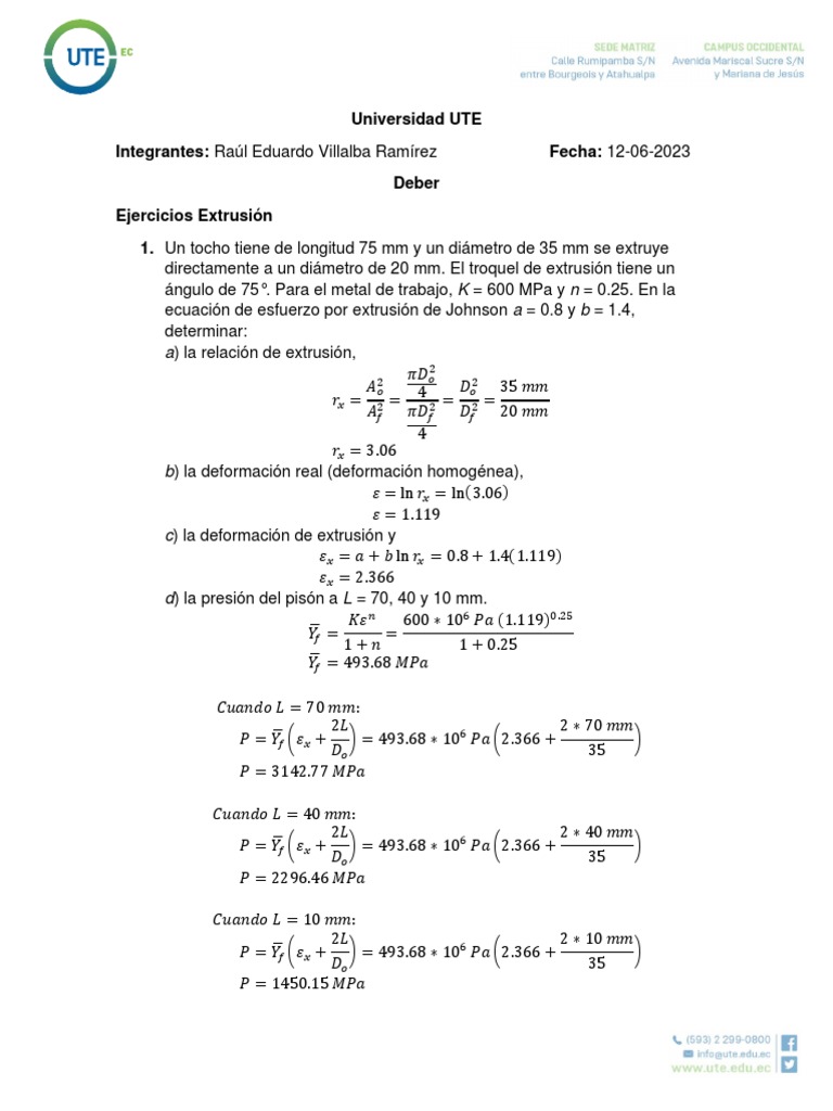 Aplicación de la fórmula de Johnson en extrusión | PDF | Extrusión ...