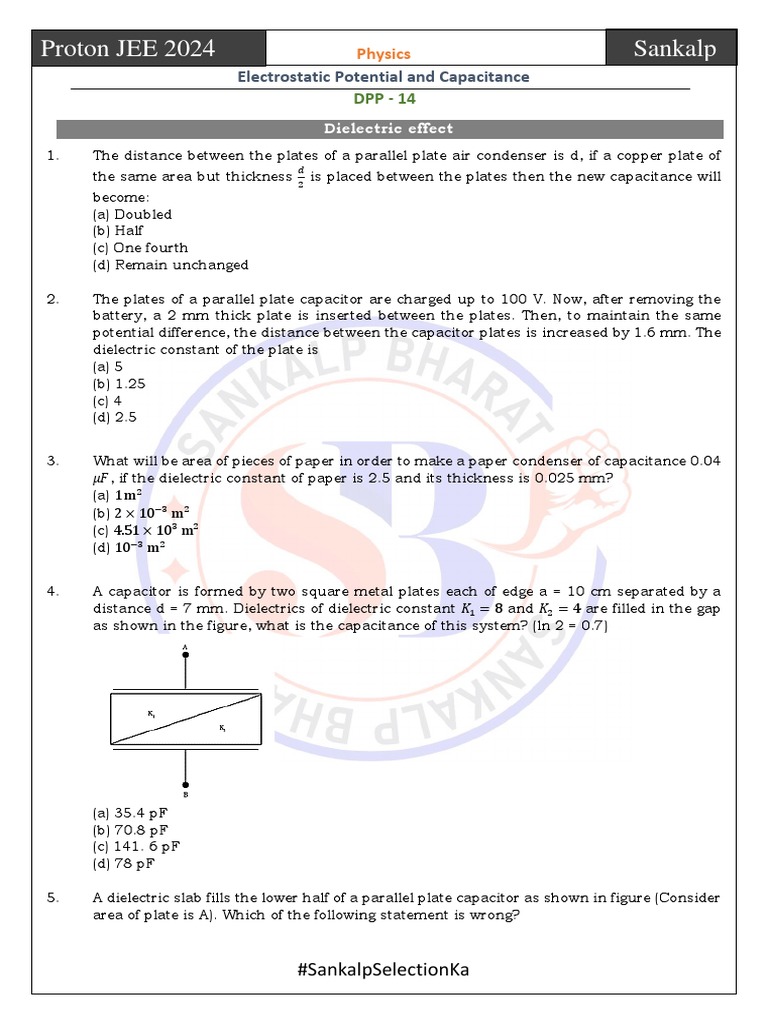Capacitance and Dielesctric Jee Question PDF Capacitor Capacitance