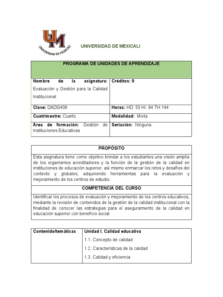Evaluación y Gestión para La Calidad Institucional | PDF | Evaluación ...