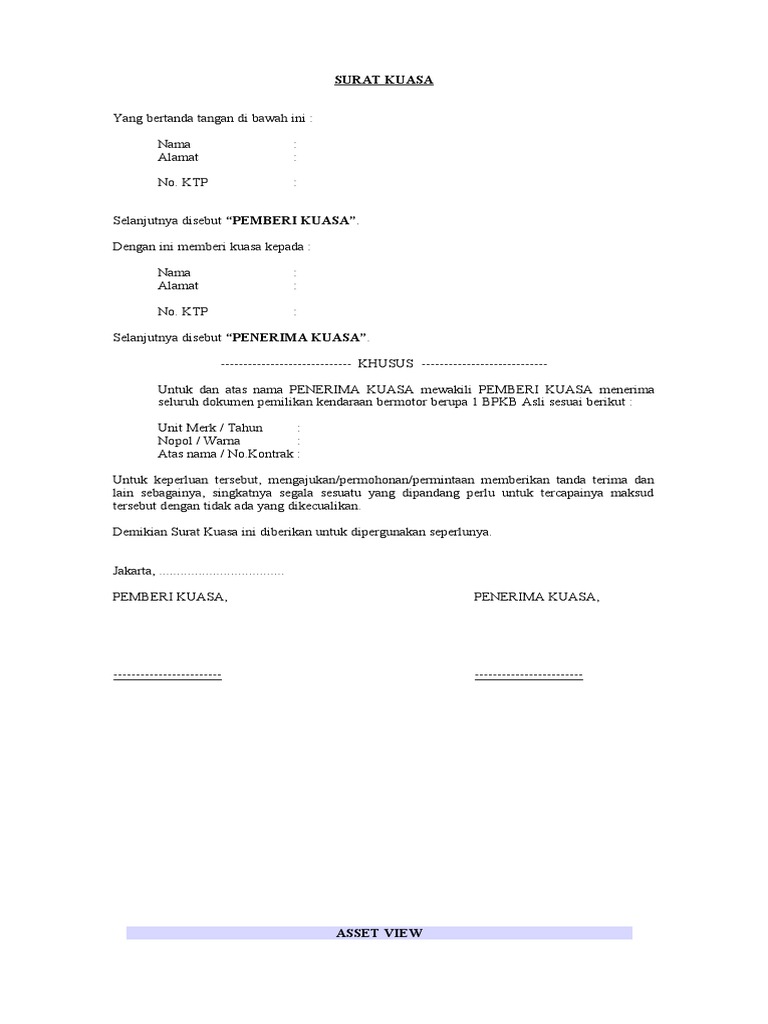 Contoh Surat Kuasa Ambil BPKB | PDF
