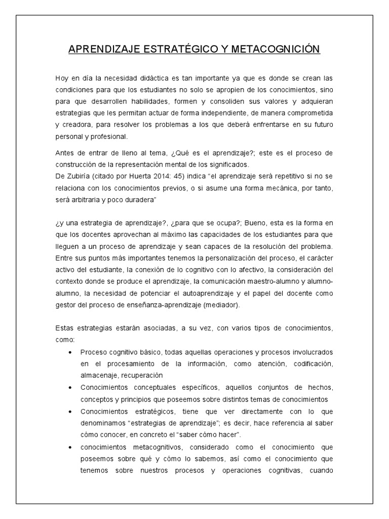 Aprendizaje Estratégico y Metacognición | PDF | Aprendizaje | Teoria de ...