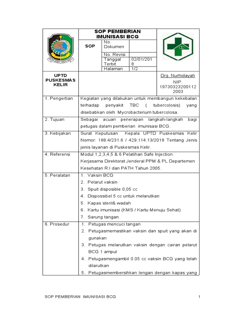 Sop Pemberian Imunisasi BCG | PDF
