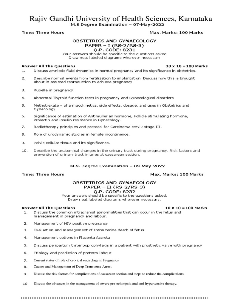 RGUGHS OBG Question Papers 2022 | PDF | Pregnancy | Gynaecology