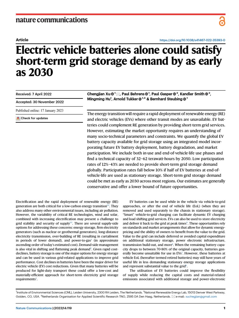 Electric Vehicle Batteries Alone Could Satisfy Shortterm Grid Storage