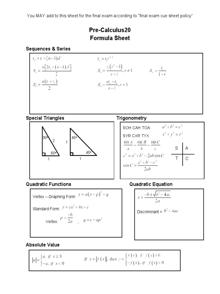 Pre Calc 20 Formula Sheet Maxwell PDF