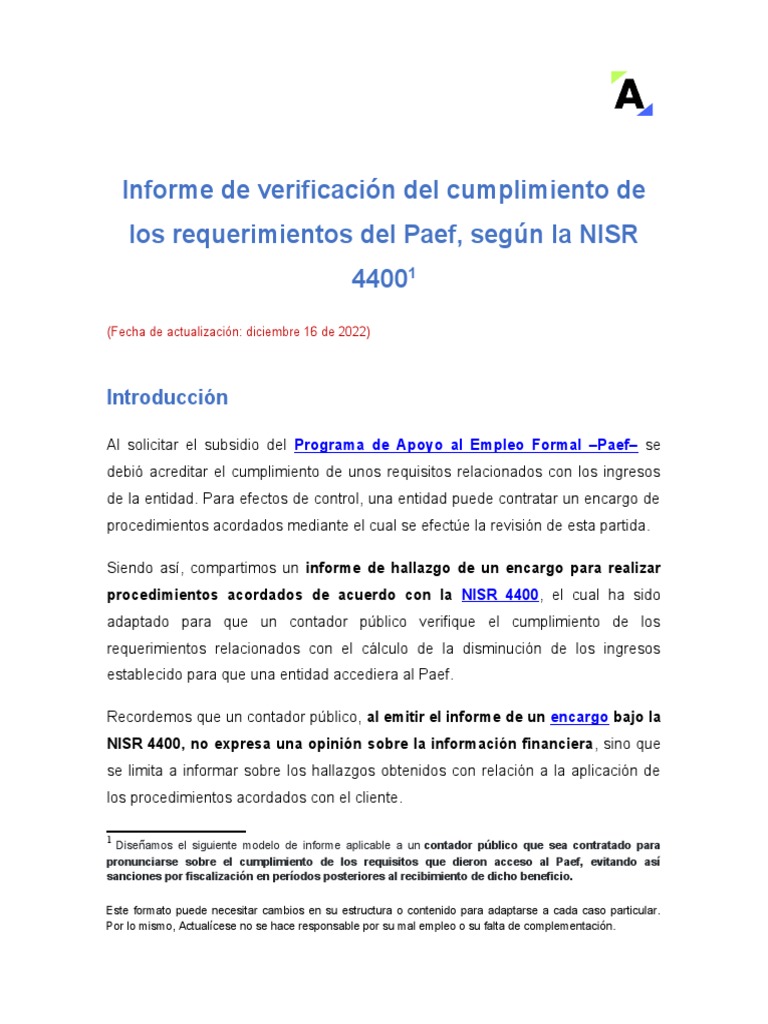 12 Informe Cumplimiento de Los Requerimientos Del Paef, NISR 4400 | PDF ...