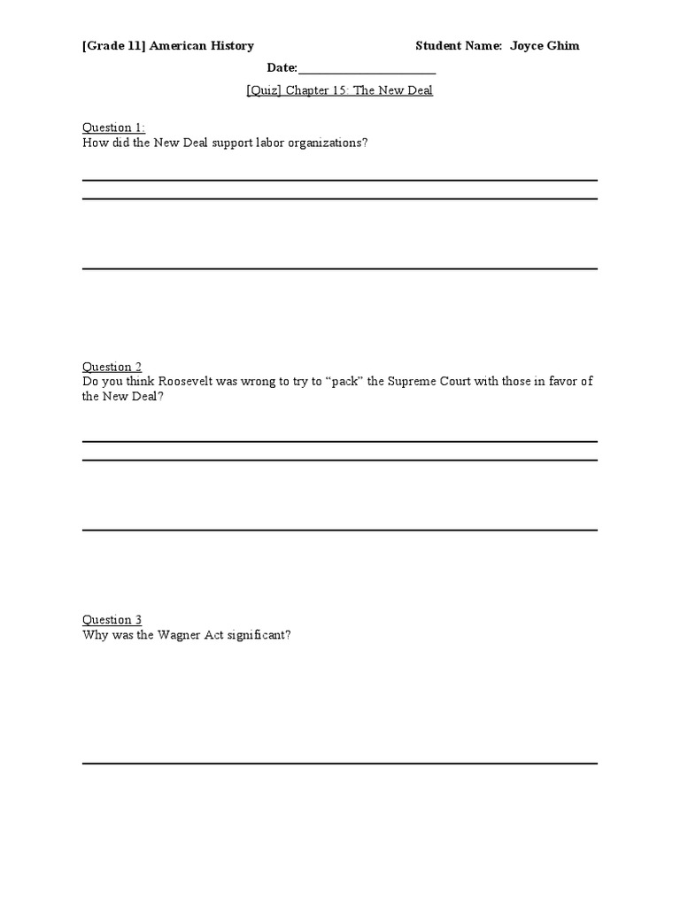 New Deal Quiz for Grade 11 History | PDF | Politics | Social Science