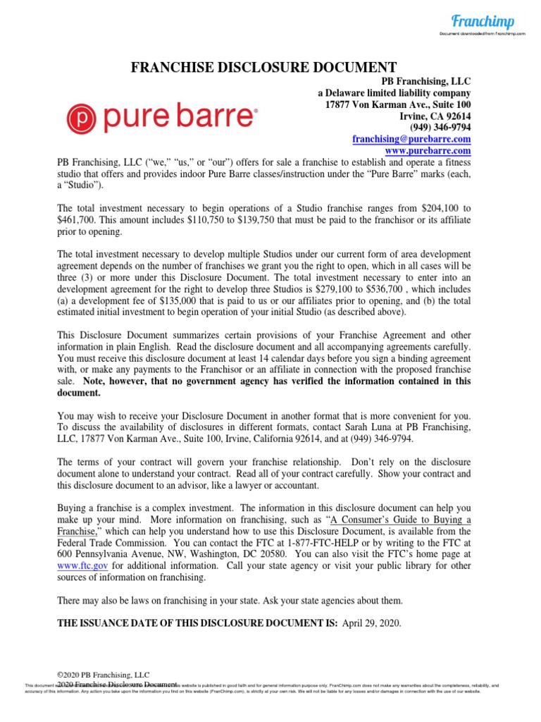 Pure Barre - 2020-04-29 - FDD - Xponential Fitness, PDF, Franchising