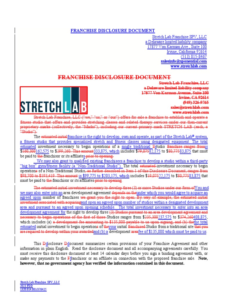 StretchLab - 2022-04-01 - FDD (Redlined 2022 For 2023) - Xponential Fitness, PDF, Franchising
