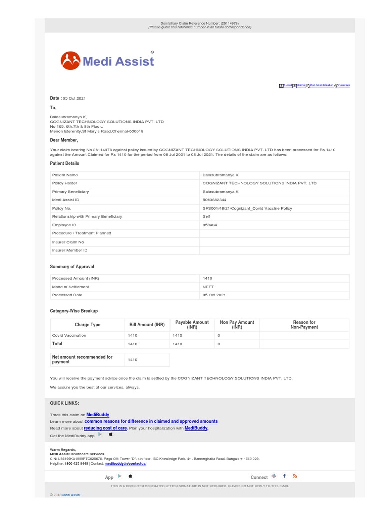 Domiciliary Claim Reference Number: (26114978) : (Please Quote This ...